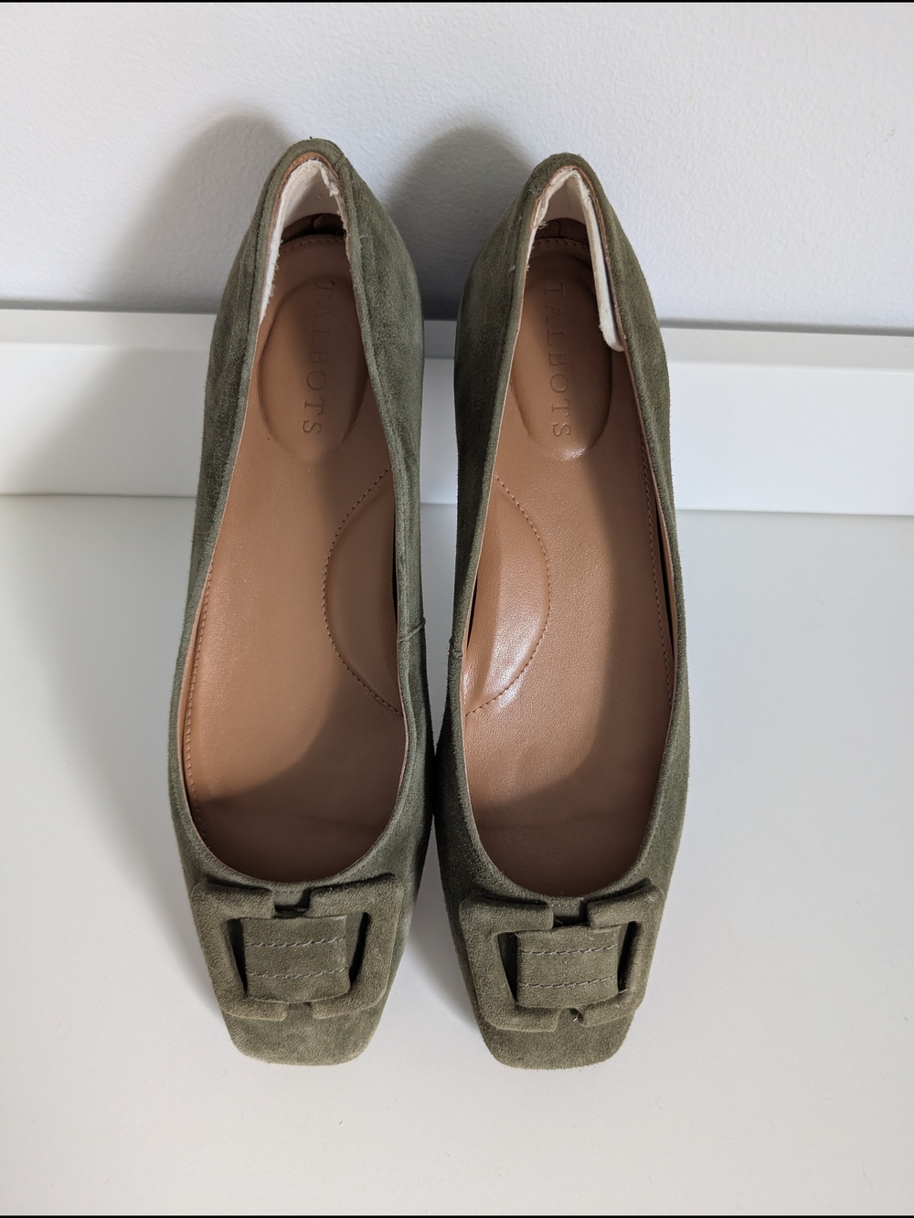 Talbots Women's Olive Suede Leather Square-Toe Buckle Ballet Flats Size 8